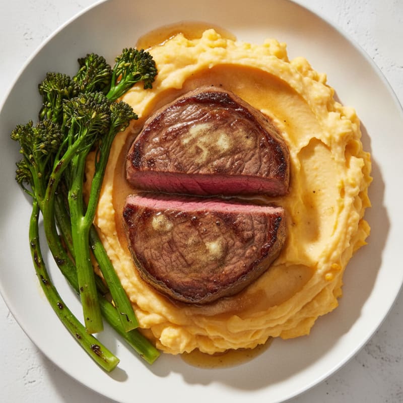 Butter-Seared Beef with Roasted Pumpkin and Potato Mash