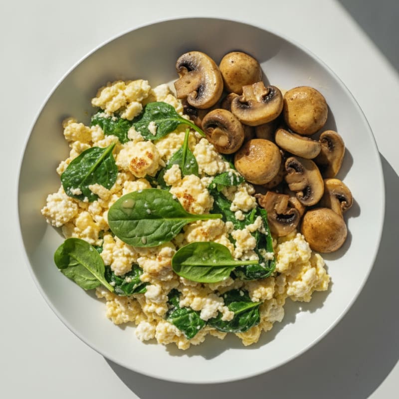 Cottage Cheese Egg Scramble with Spinach and Sautéed Mushrooms