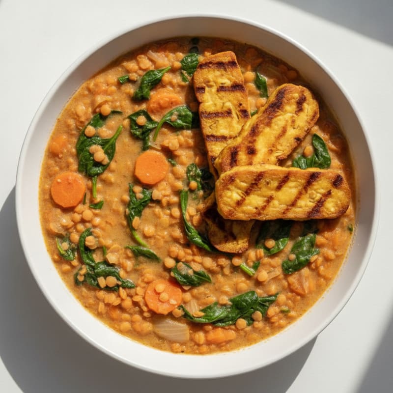 Creamy Lentil and Vegetable Stew with Grilled Tempeh