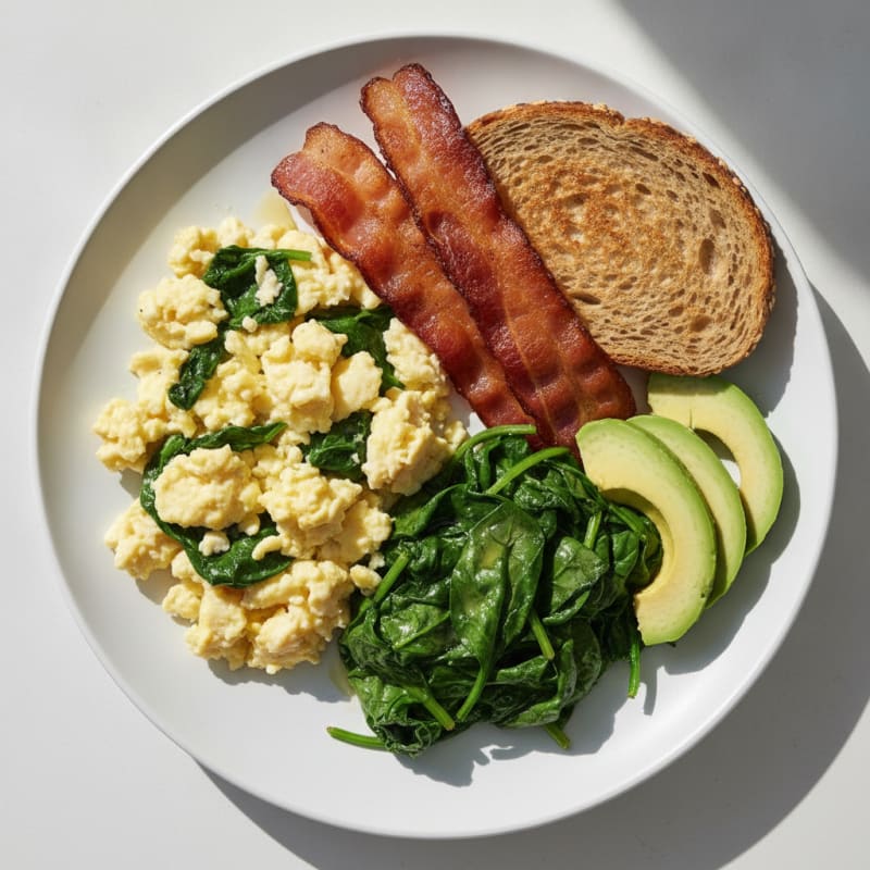 Scrambled Eggs with Sautéed Spinach and Turkey Bacon