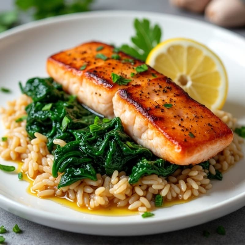 Seared Salmon with Garlic Spinach and Herbed Brown Rice