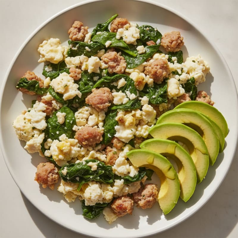 Egg White Scramble with Turkey Sausage and Sautéed Spinach