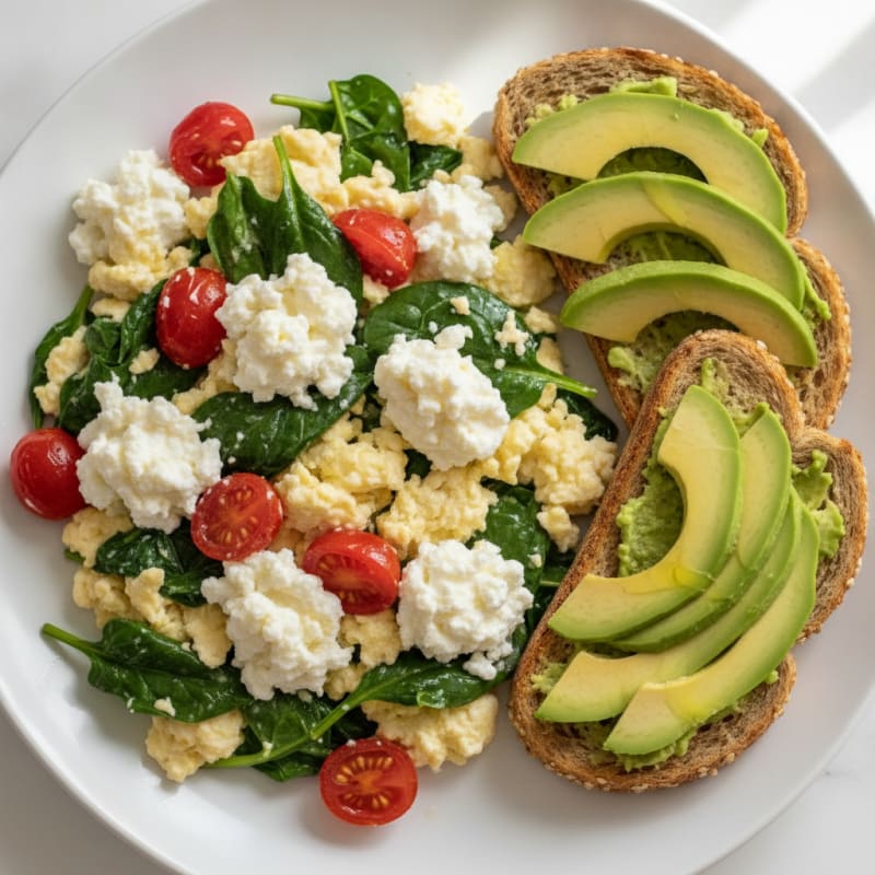 Egg White Spinach Scramble with Cottage Cheese and Cherry Tomatoes