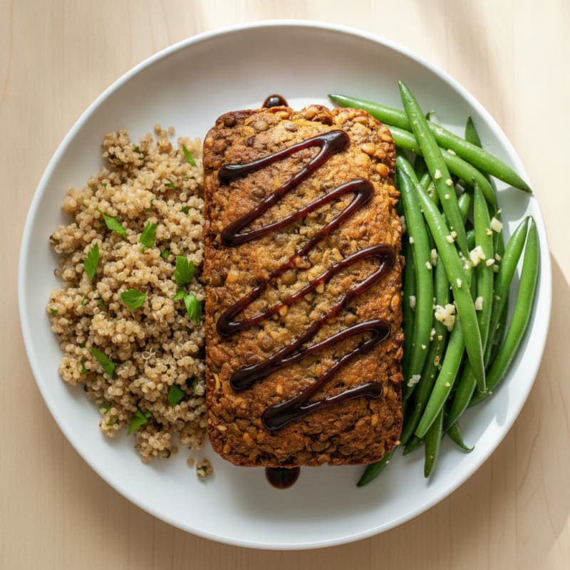 Lentil Walnut Loaf with Garlic Green Beans and Herbed Quinoa