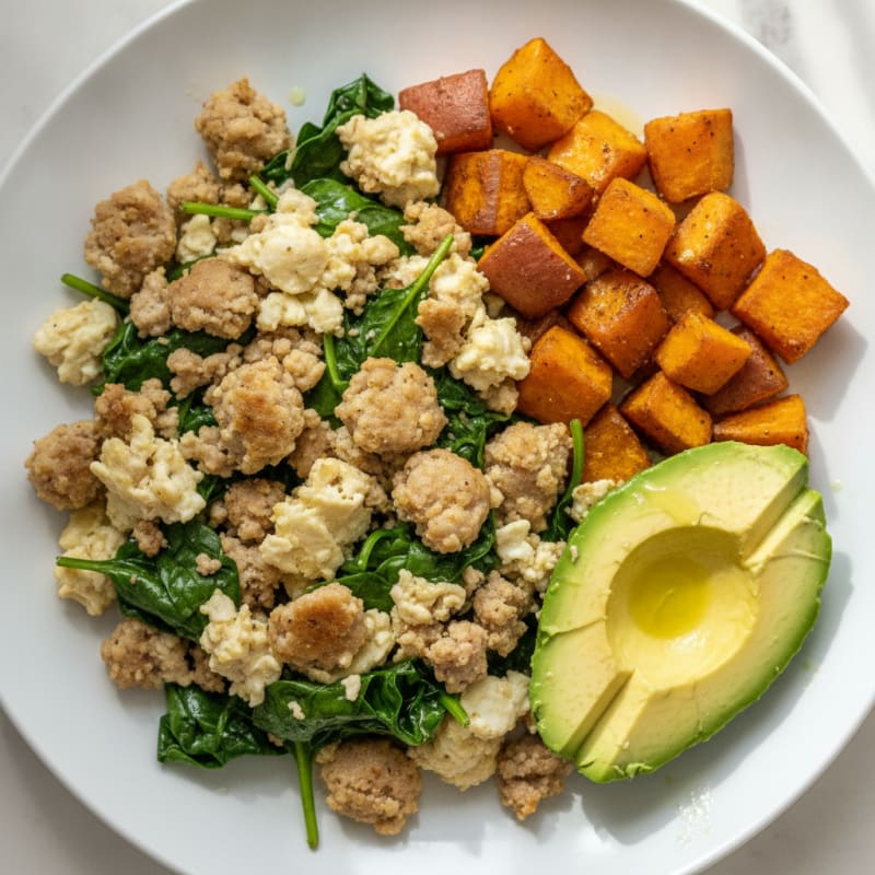Egg White and Chicken Sausage Scramble with Spinach