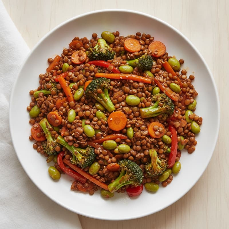 Lentil and Vegetable Stir Fry with Edamame