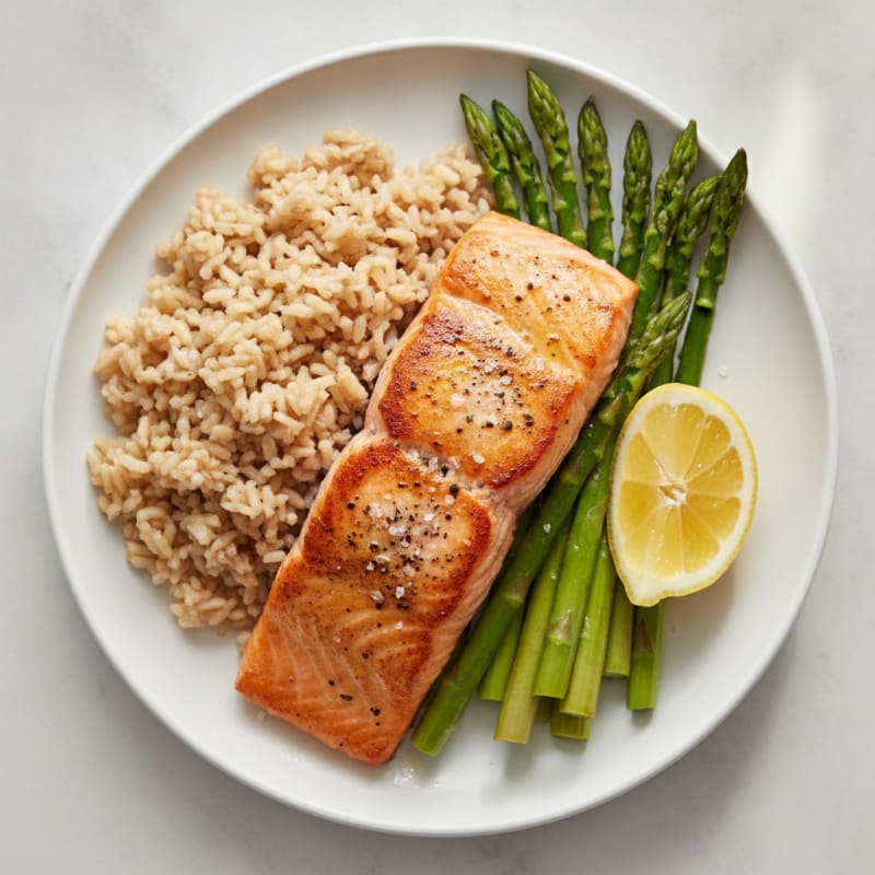 Seared Salmon Fillet with Steamed Asparagus and Brown Rice