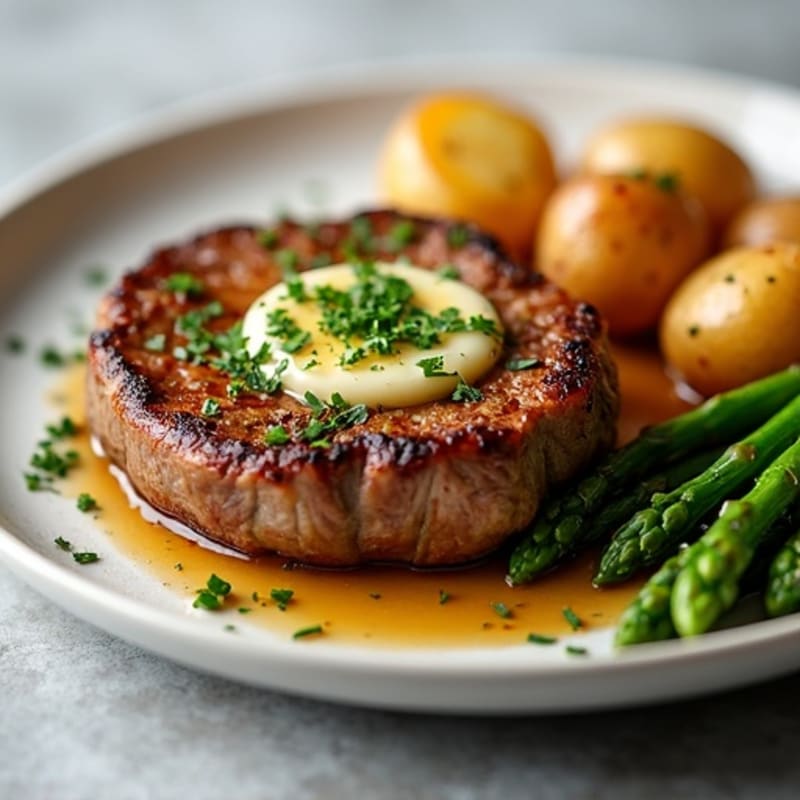 Garlic Butter Pan-Seared Steak with Crispy Roasted Potatoes and Tender Asparagus