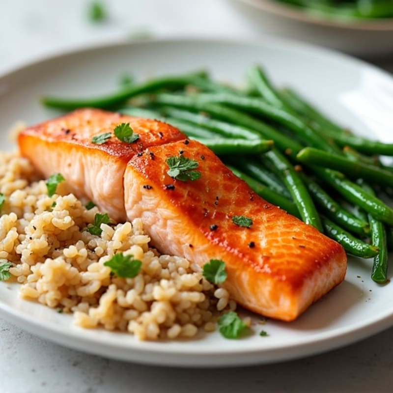Seared Salmon with Garlic Green Beans and Brown Rice