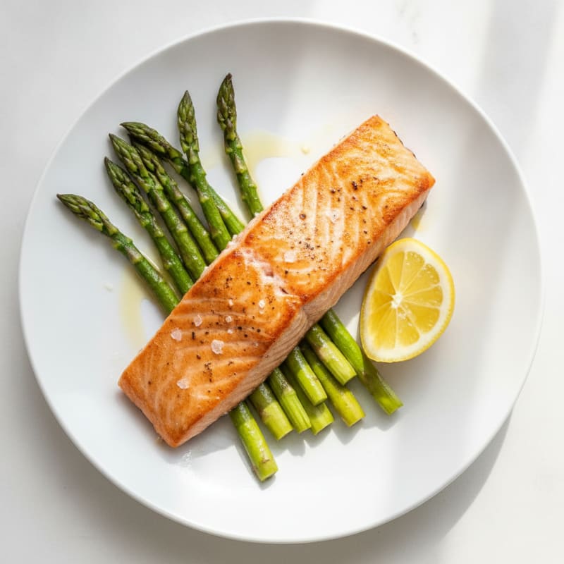 Seared Salmon Fillet with Roasted Asparagus and Lemon