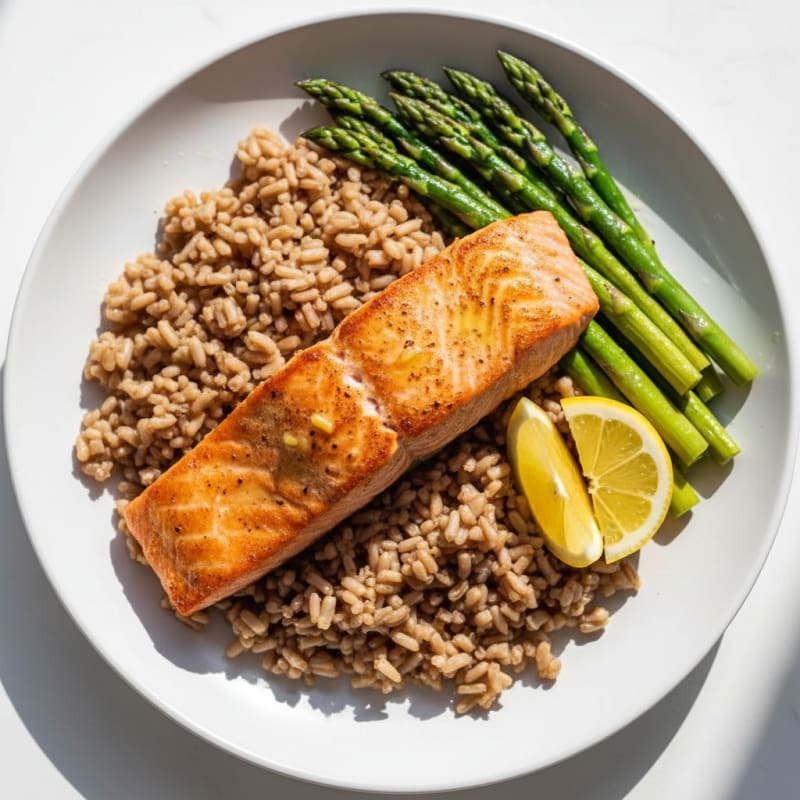 Seared Salmon with Steamed Asparagus and Brown Rice