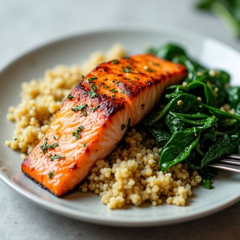 Seared Salmon with Quinoa Pilaf and Wilted Spinach