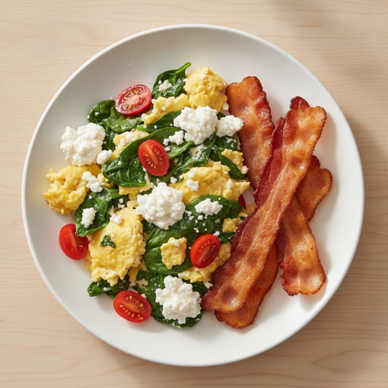 Cottage Cheese and Spinach Egg Scramble with Turkey Bacon