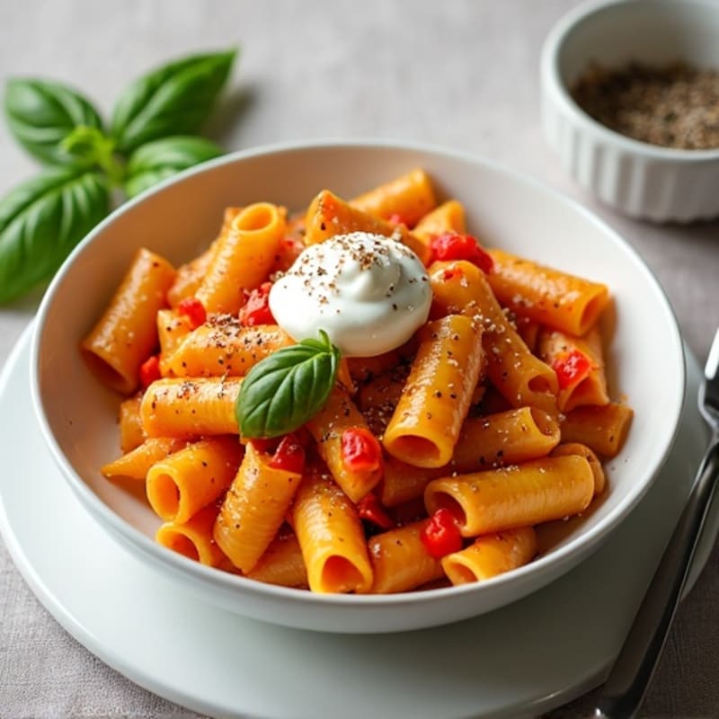 Creamy Roasted Red Pepper Rigatoni with Chili Flakes