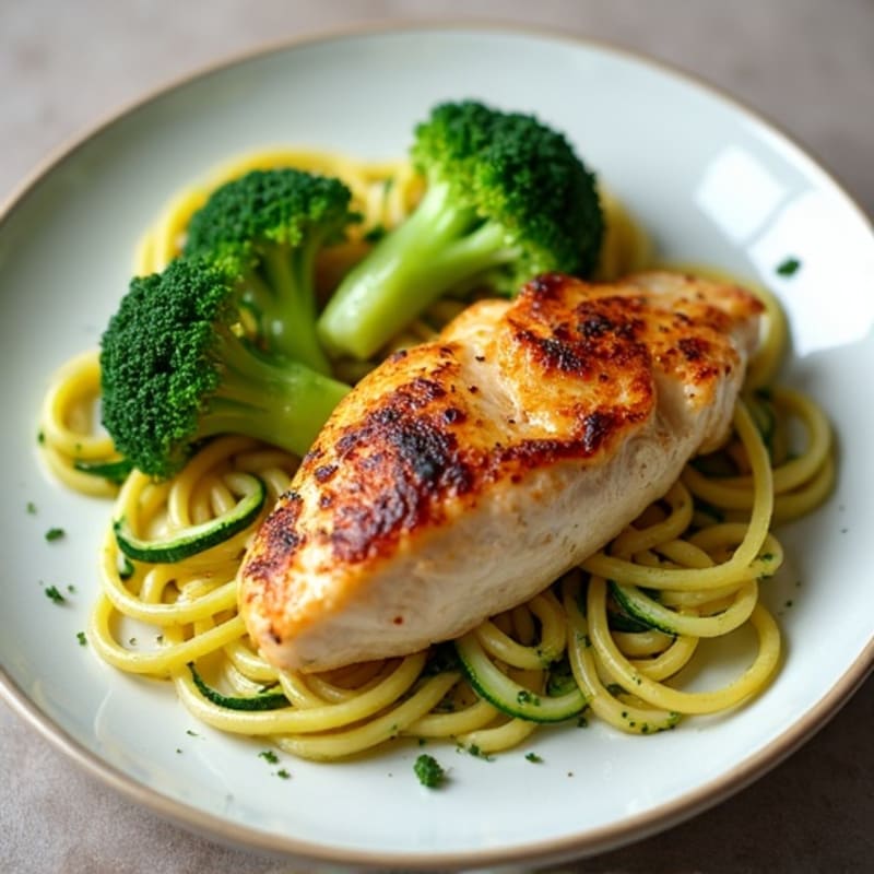 Roasted Chicken with Crunchy Broccoli and Zucchini Pasta