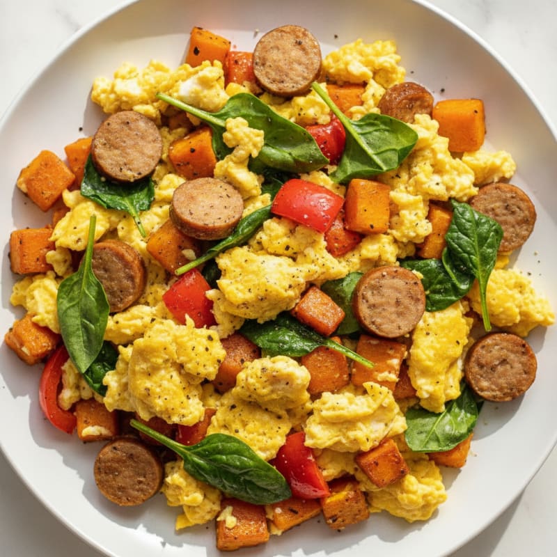 Hearty Scrambled Eggs with Roasted Vegetables