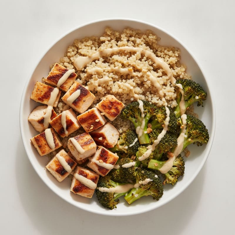 Grilled Chicken and Quinoa Bowl with Roasted Broccoli and Lemon Tahini Drizzle