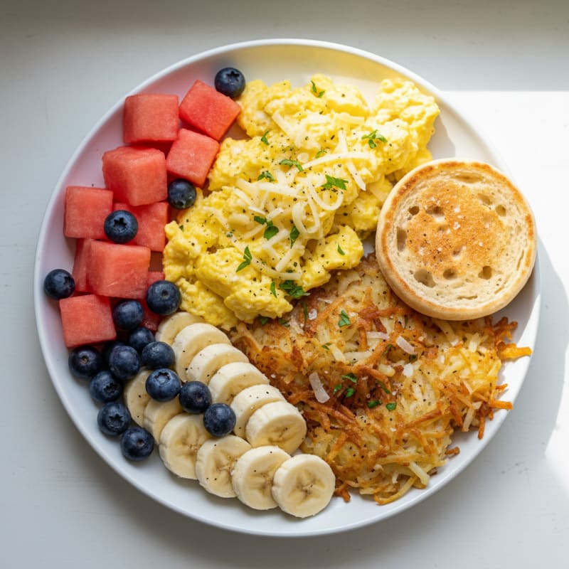 Gouda Scrambled Eggs with Fruit and Hashbrowns
