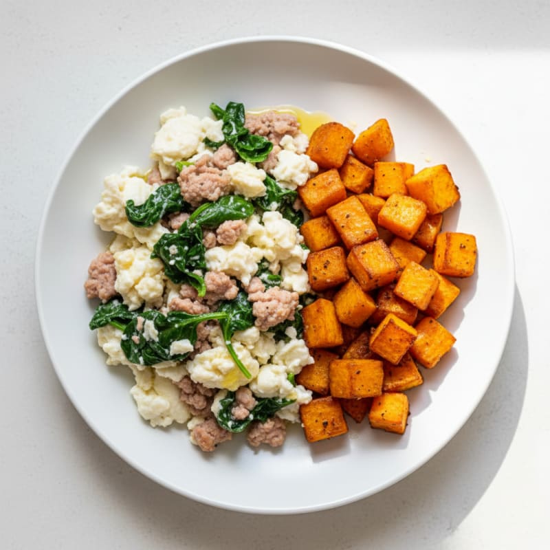 Egg White and Turkey Spinach Scramble with Roasted Sweet Potato