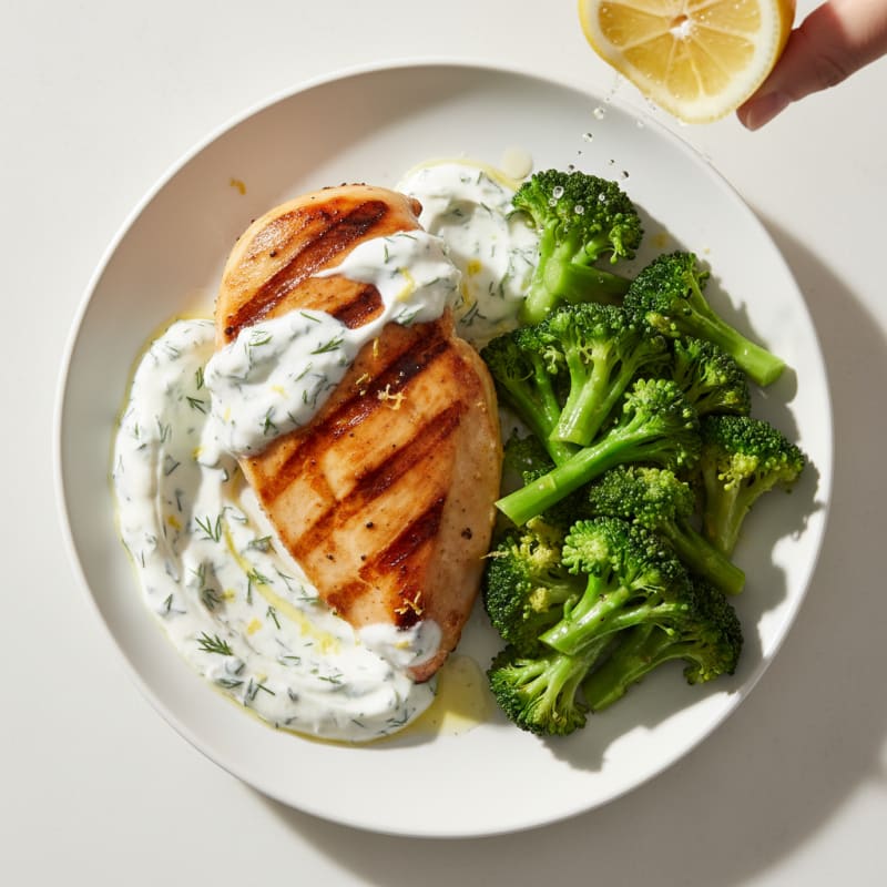 Grilled Chicken Breast with Greek Yogurt Herb Dip and Steamed Broccoli