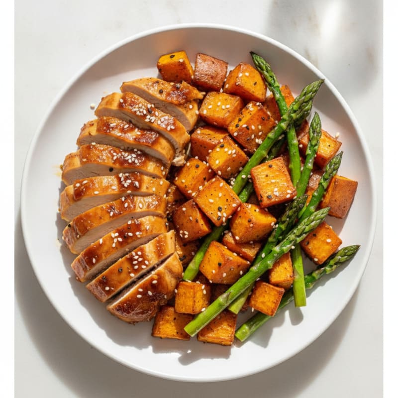 Teriyaki Chicken with Roasted Sweet Potatoes and Asparagus
