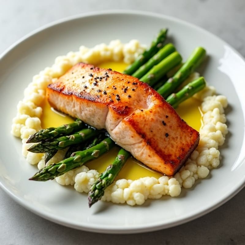 Seared Salmon Fillet with Steamed Asparagus and Cauliflower Mash