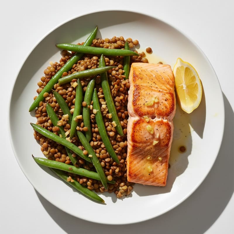 Seared Salmon with Garlic Green Beans and Lentil Mash