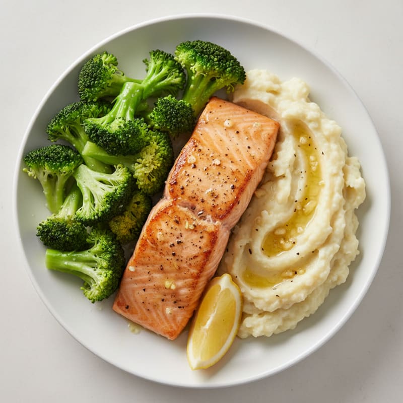 Seared Salmon with Steamed Broccoli and Garlic Mashed Cauliflower