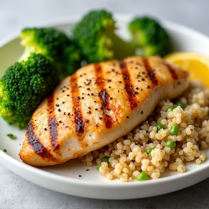 Grilled Lemon Pepper Chicken Breast with Quinoa and Steamed Broccoli