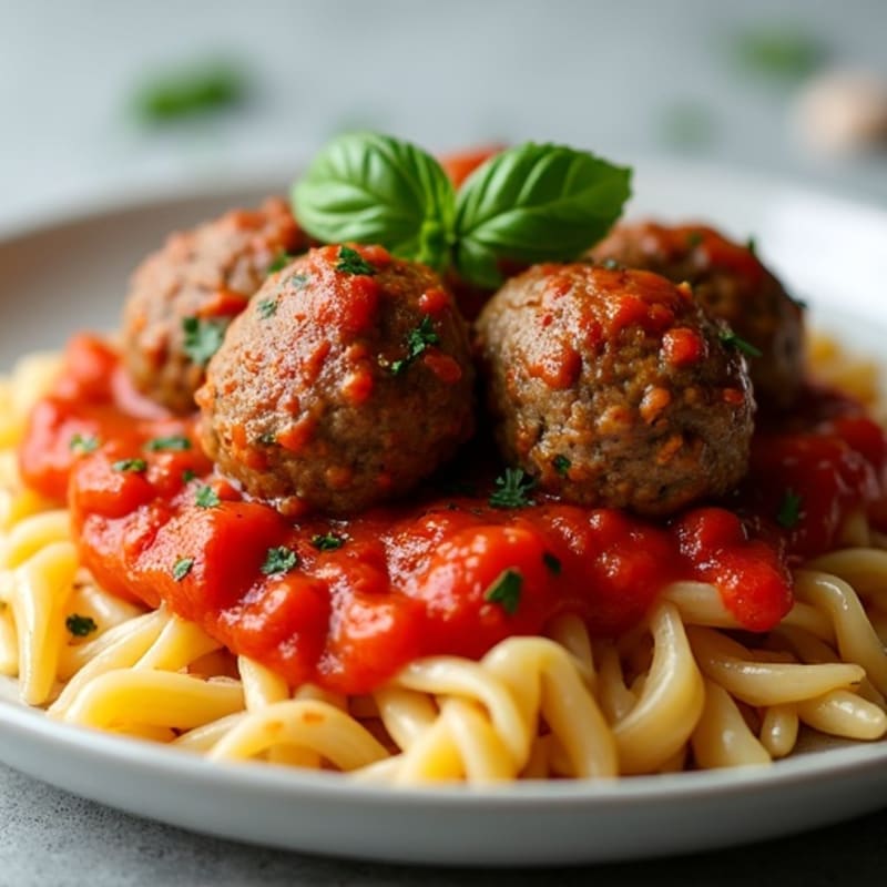 Tender Lean Beef Meatballs with Whole Wheat Pasta and Rich Tomato Sauce