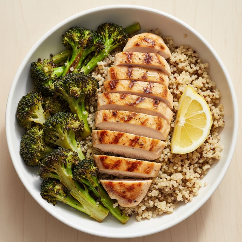Grilled Chicken and Quinoa Bowl with Roasted Broccoli