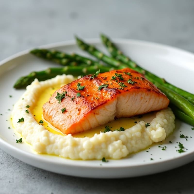 Seared Salmon with Steamed Asparagus and Cauliflower Mash