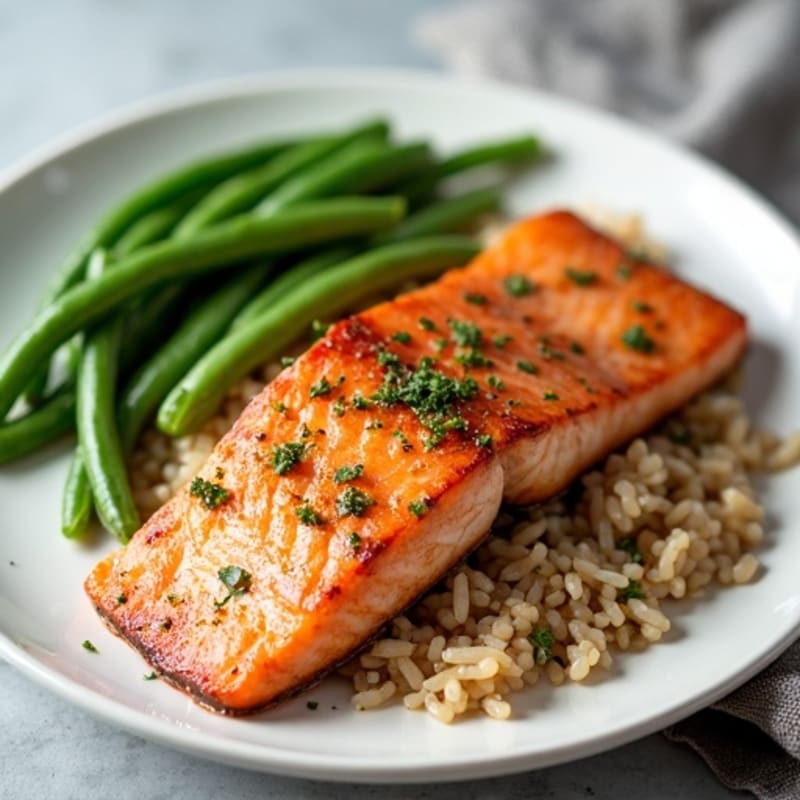 Seared Salmon with Garlic Green Beans and Brown Rice