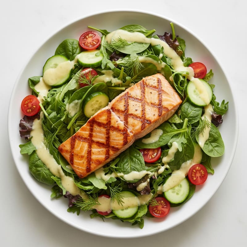 Grilled Salmon Salad with Mixed Greens and Lemon-Dill Yogurt Dressing