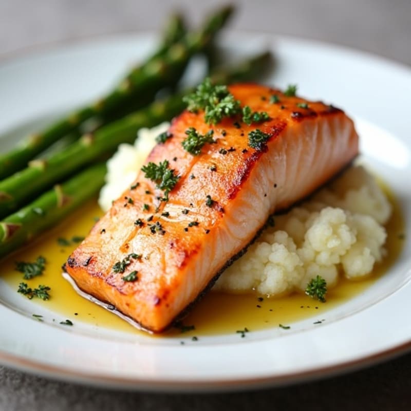 Seared Salmon with Roasted Asparagus and Cauliflower Mash