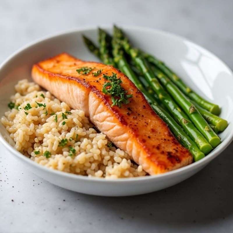 Seared Salmon Fillet with Steamed Asparagus and Brown Rice