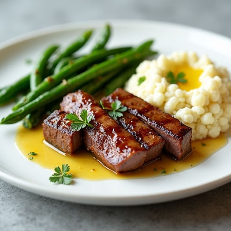 Seared Lean Beef Strips with Steamed Green Beans and Mashed Cauliflower