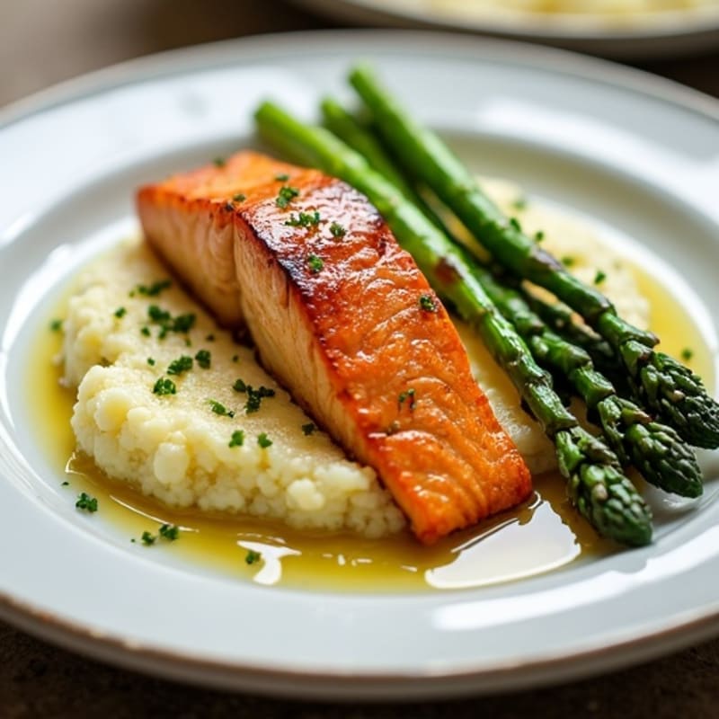 Seared Salmon with Steamed Asparagus and Cauliflower Mash