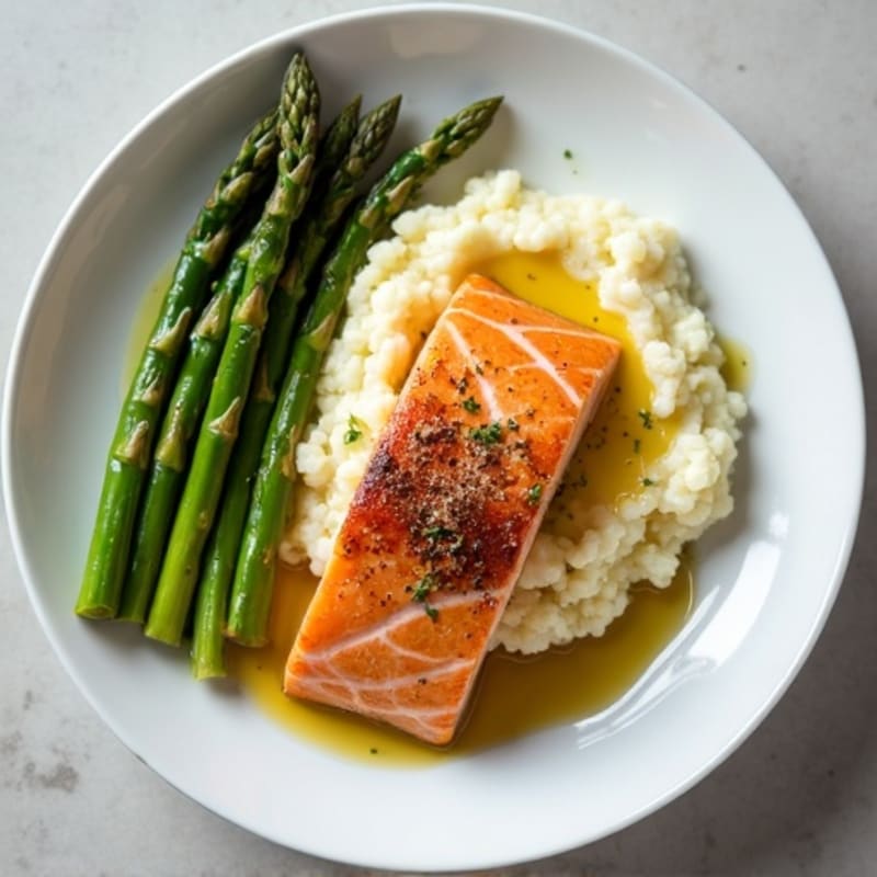 Seared Salmon with Steamed Asparagus and Cauliflower Mash