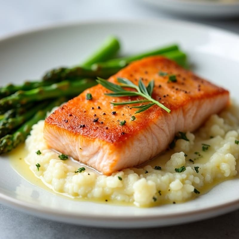 Seared Salmon with Steamed Asparagus and Mashed Cauliflower