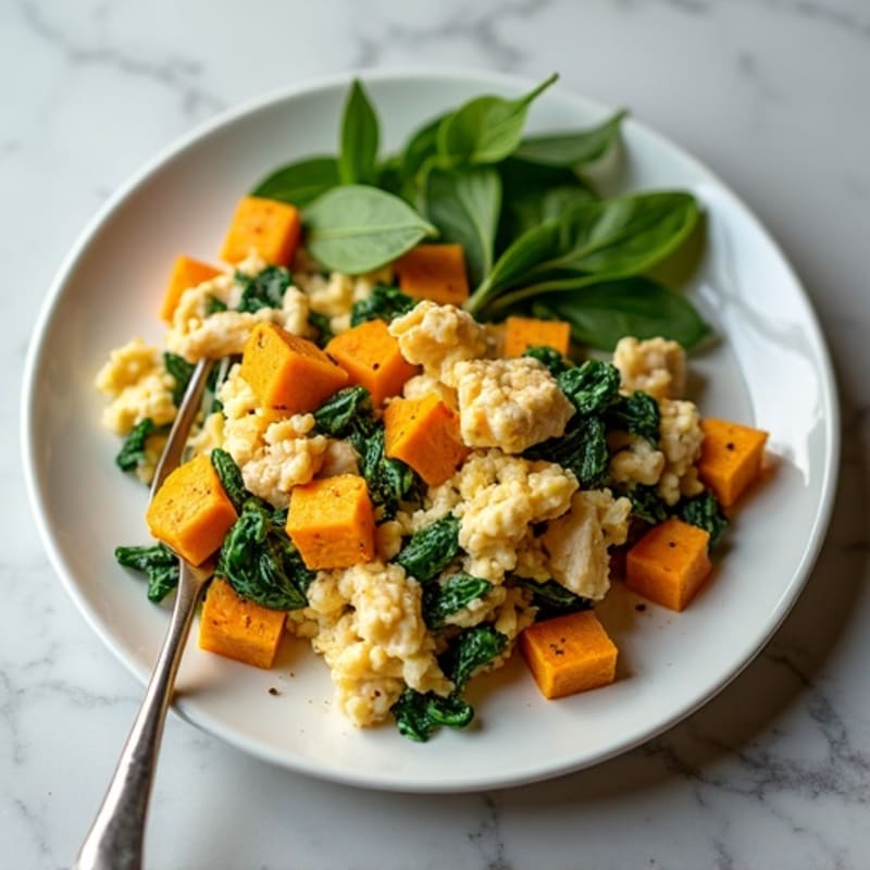 Chicken Egg White Scramble with Spinach and Sweet Potato