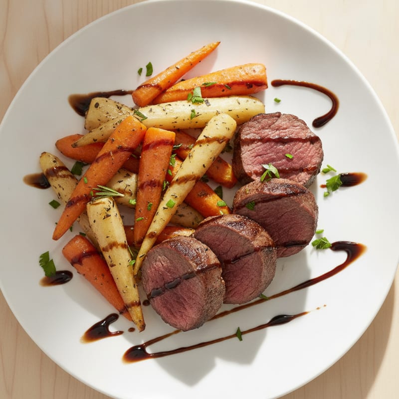 Seared Venison Medallions with Herb-Roasted Root Vegetables