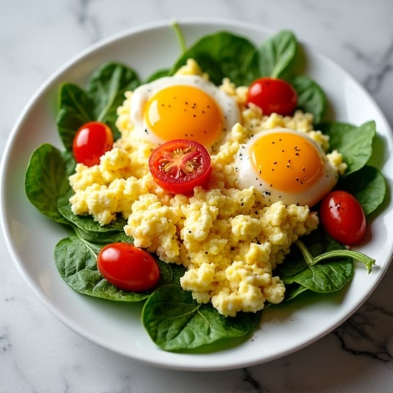 Cottage Cheese Egg Scramble with Spinach and Cherry Tomatoes