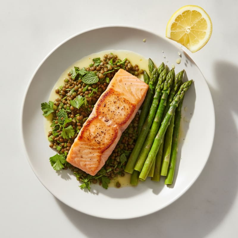 Seared Salmon with Lentil Salad and Steamed Asparagus