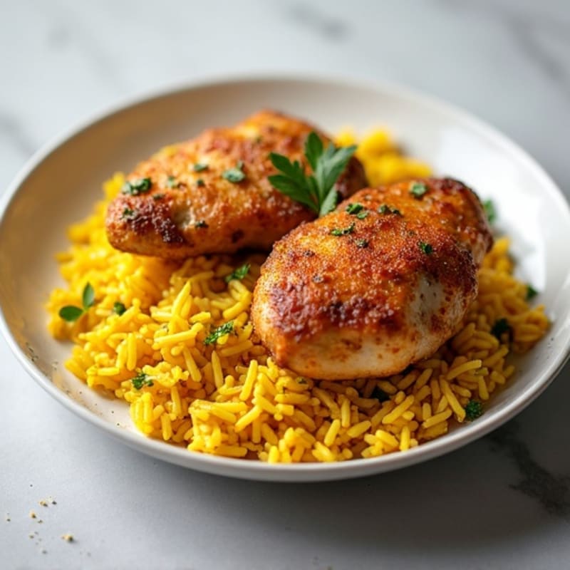 Crispy Garlic-Herb Chicken Thighs with Turmeric Rice