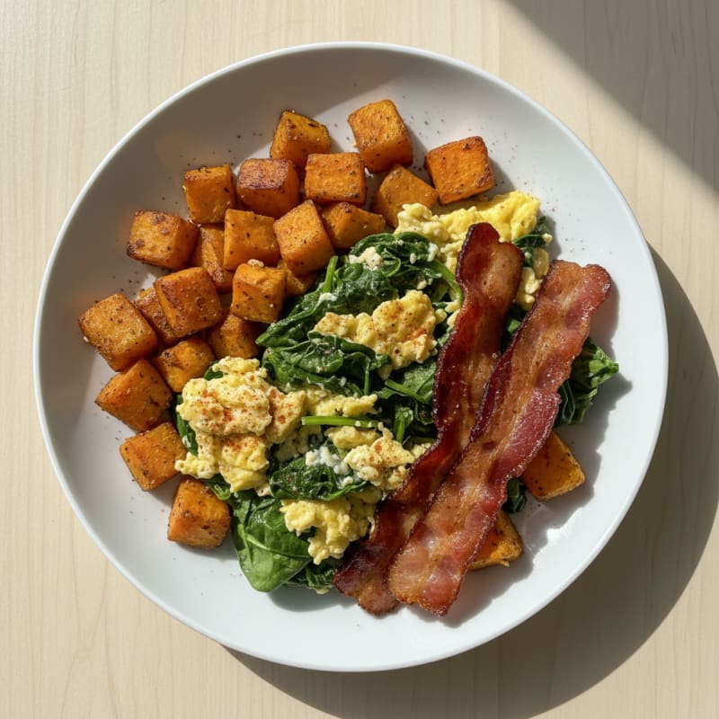 Crispy Turkey Bacon and Spinach Egg Scramble with Sweet Potato Hash