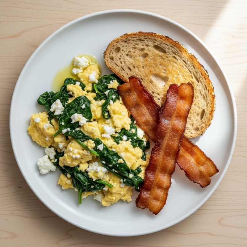 Cottage Cheese Egg Scramble with Spinach and Turkey Bacon