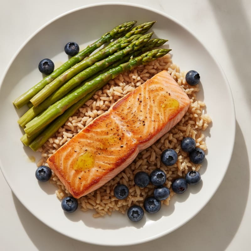 Seared Salmon with Steamed Asparagus and Brown Rice