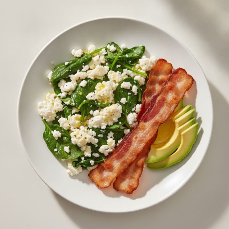 Cottage Cheese Egg White Scramble with Spinach and Turkey Bacon