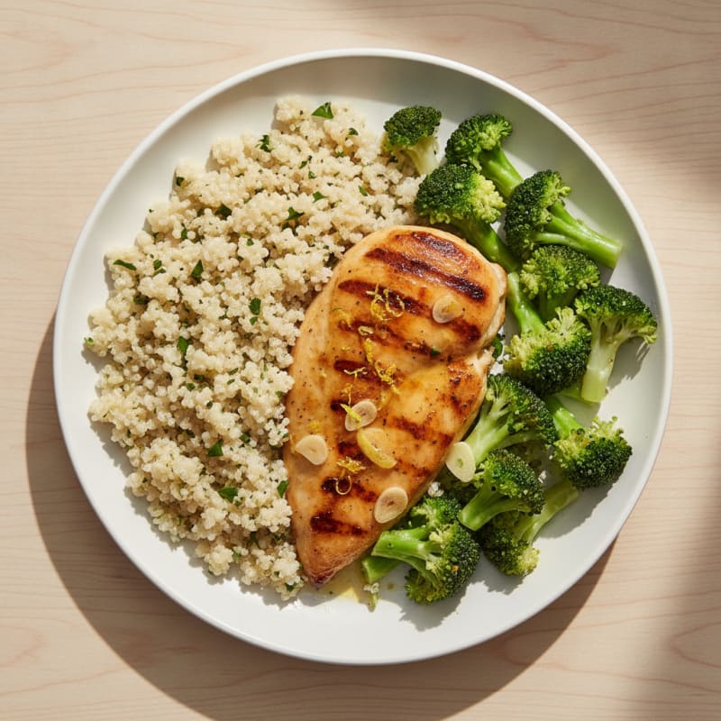 Grilled Lemon Garlic Chicken Breast with Steamed Broccoli and Quinoa